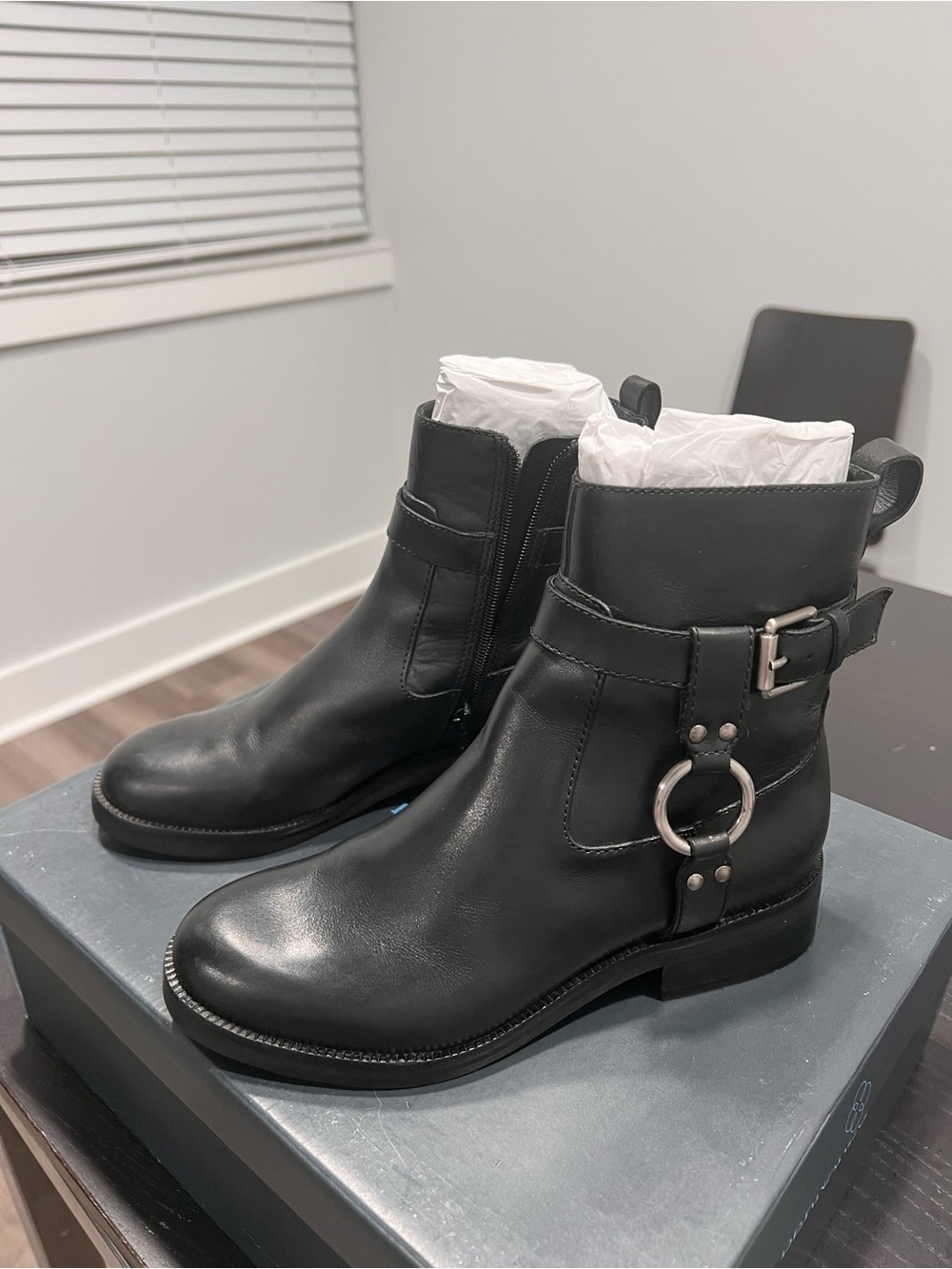 Bernardo (Tyra Moto Booties) Black Real Leather Ankle Boots with Ring Accent - Picture 4 of 6